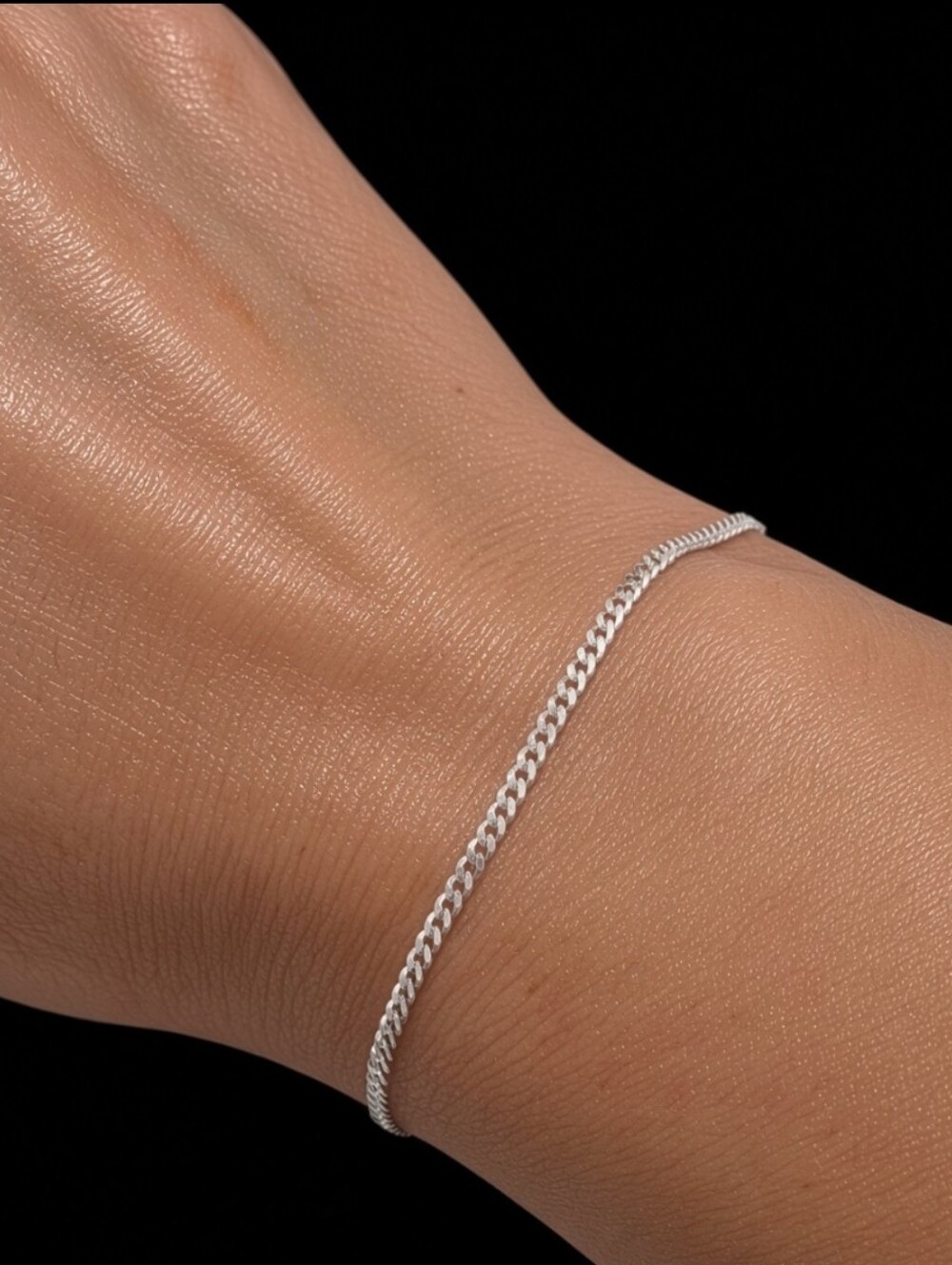 Solid 925 Sterling Silver 2mm Flat Cuban Link Chain Bracelet 6.75" Italy